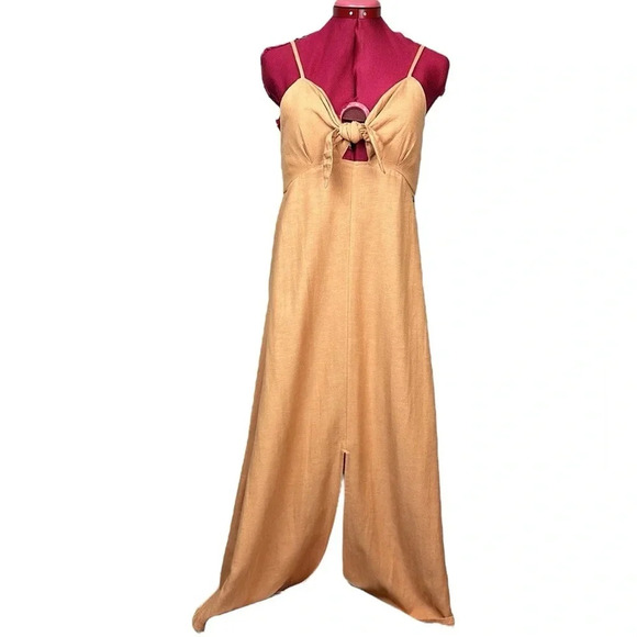 NWT Roxy linen blend spaghetti straps front knot empire waist maxi dress slit - Picture 3 of 12